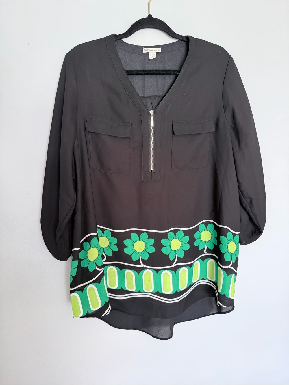Cato Black V-Neck Zip Tunic with Green Floral Border